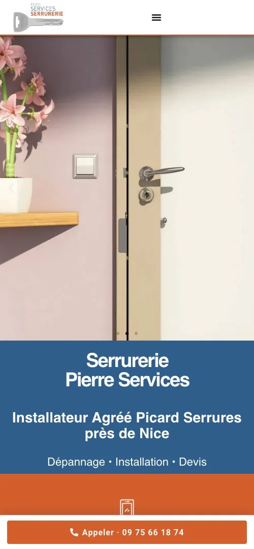 Site Pierre Services sur téléphone, avec le bouton Appeler