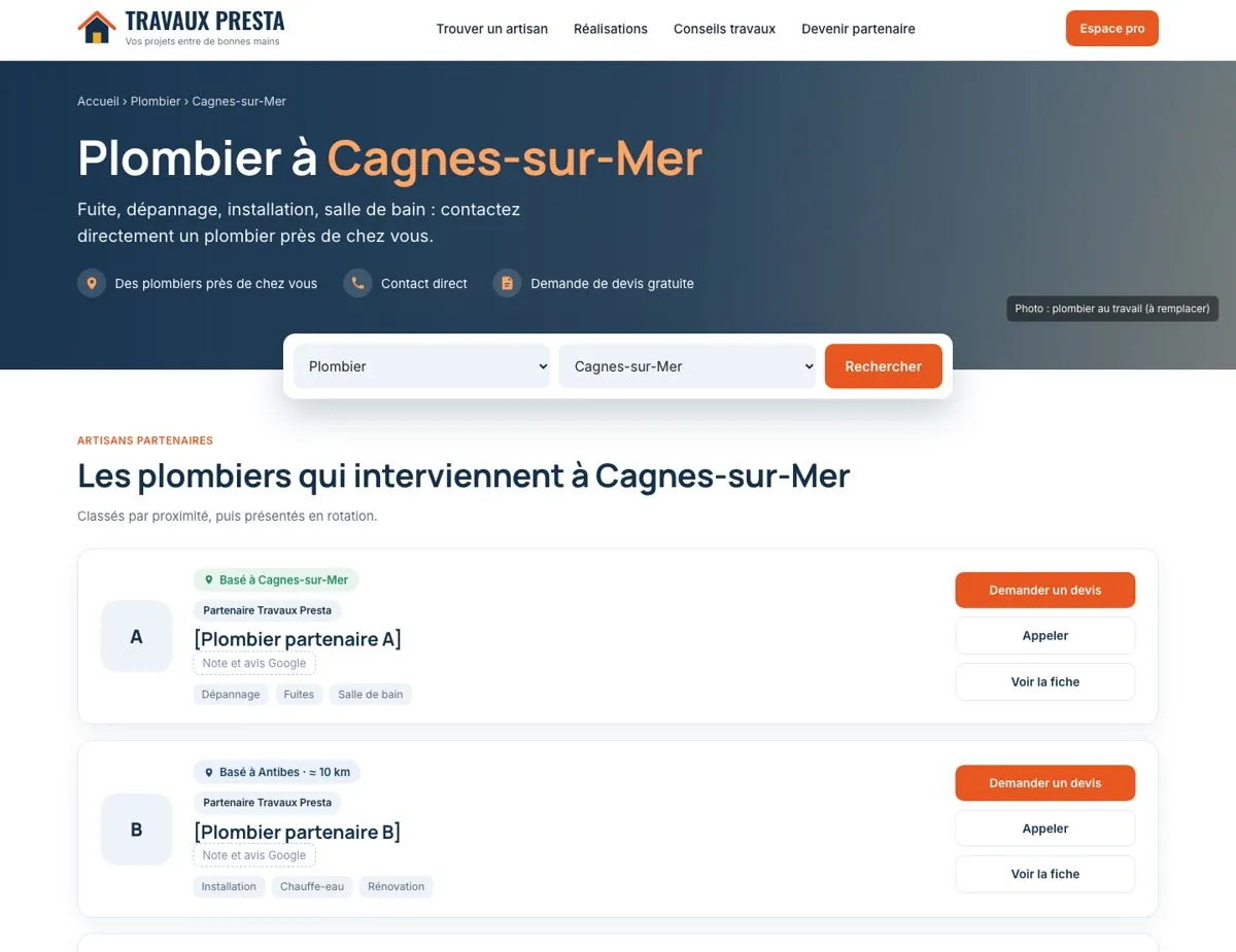 Page métier et ville sur Travaux Presta