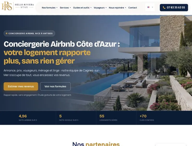 Site de la conciergerie Hello Riviera Stay, page d’accueil