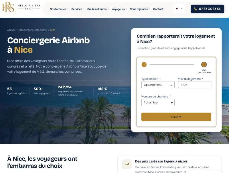 Page « Conciergerie Airbnb à Nice » du site Hello Riviera Stay, avec son formulaire d’estimation