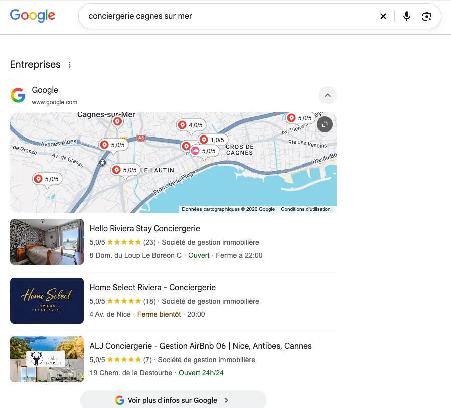 Capture Google Maps : la fiche Hello Riviera Stay en première position