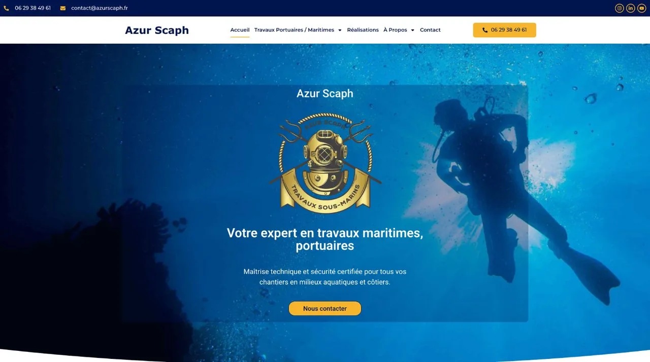 Page d’accueil du site Azur Scaph, entreprise de travaux sous-marins, maritimes et portuaires à Nice