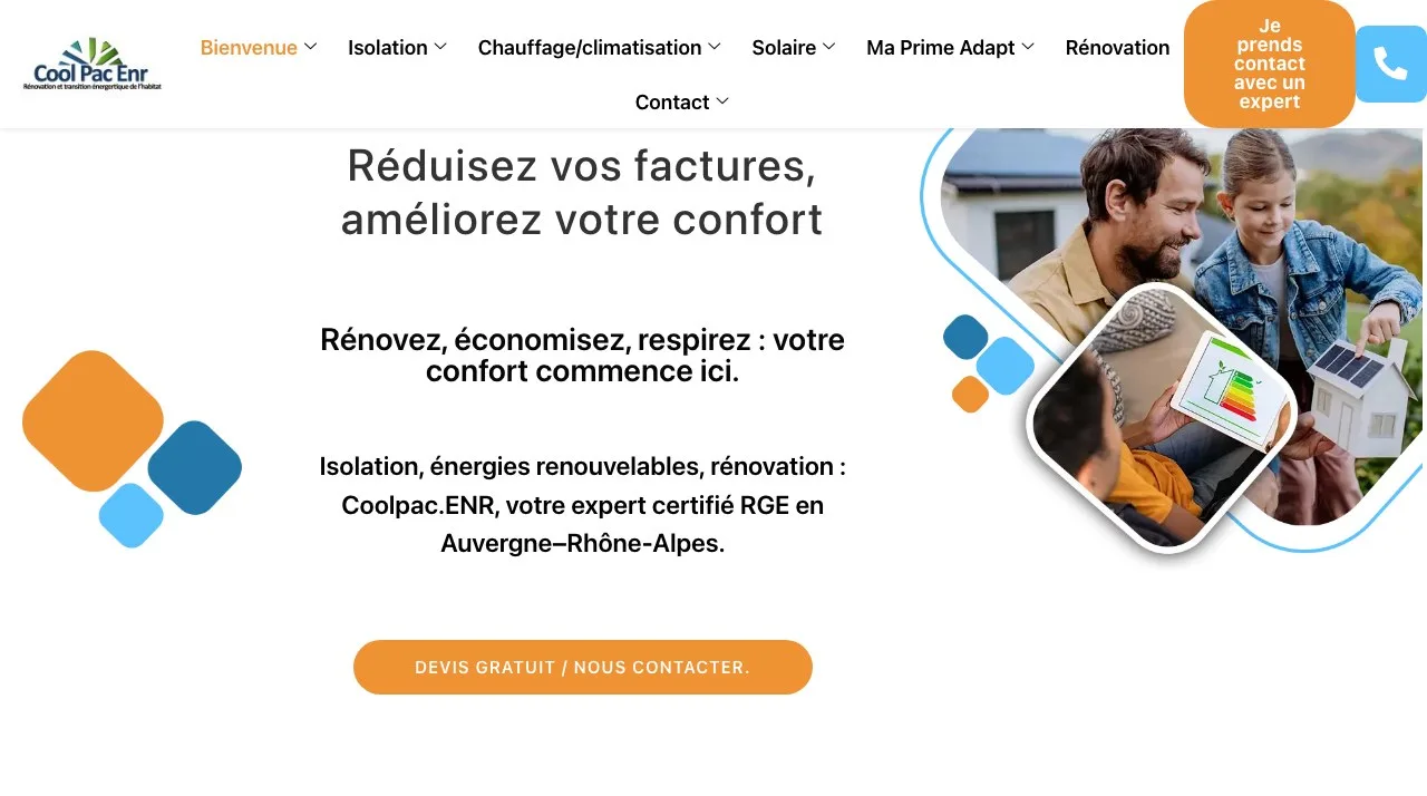 Page d’accueil du site Coolpac ENR, spécialiste de la rénovation énergétique en Auvergne-Rhône-Alpes