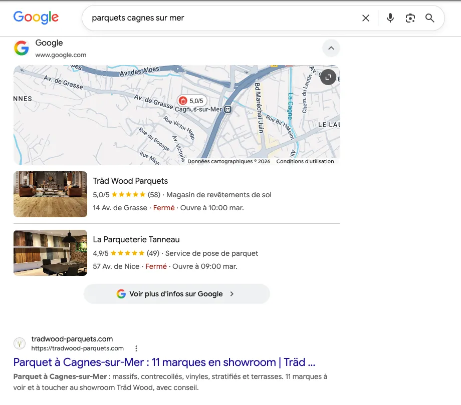 Recherche Google « parquets cagnes sur mer » : Träd Wood Parquets en première position des fiches