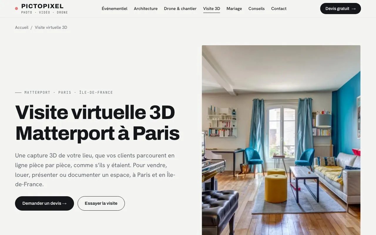 Page Visite 3D du site Pictopixel
