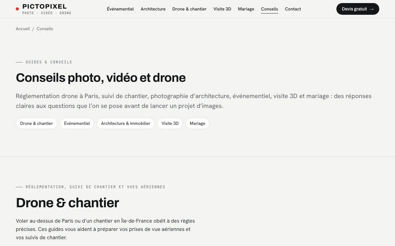 Page Conseils du site Pictopixel